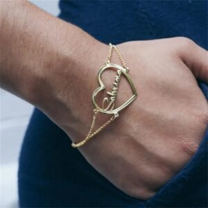 Custom Heart Nameplate Bracelet Personalized Love Bangle Gold Plated Stainless Steel Jewelry for Women Men Friends Best Gifts